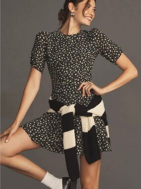Reformation Black Mini Dress with Cream Clover Print